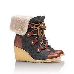 Tory Burch Marley Flannel Wedge Boot -9.5M- Blue Denim/Brown